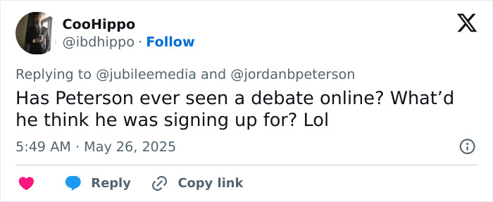 Tweet about Jordan Peterson brutally roasted in a humiliating debate against atheists, questioning his debate experience. Tweet about Jordan Peterson brutally roasted in a humiliating debate against atheists, questioning his debate experience.