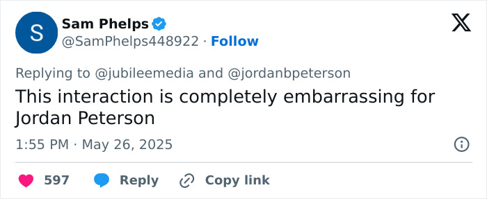 Tweet criticizing Jordan Peterson during a humiliating debate against atheists, calling the interaction embarrassing. Tweet criticizing Jordan Peterson during a humiliating debate against atheists, calling the interaction embarrassing.
