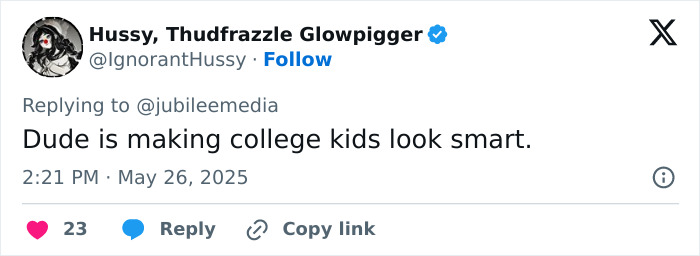 Twitter reply from user Hussy, Thudfrazzle Glowpigger commenting on a debate about Jordan Peterson against atheists. Twitter reply from user Hussy, Thudfrazzle Glowpigger commenting on a debate about Jordan Peterson against atheists.