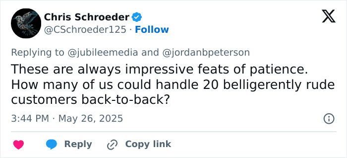 Screenshot of a tweet responding to Jordan Peterson, highlighting patience in handling rude customers during debates. Screenshot of a tweet responding to Jordan Peterson, highlighting patience in handling rude customers during debates.