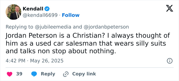 Twitter reply criticizing Jordan Peterson, calling him a used car salesman who talks nonstop about nothing. Twitter reply criticizing Jordan Peterson, calling him a used car salesman who talks nonstop about nothing.