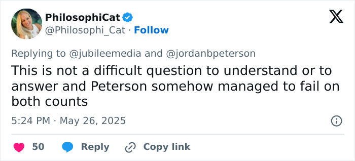 Tweet criticizing Jordan Peterson for failing to answer questions in a humiliating debate against atheists. Tweet criticizing Jordan Peterson for failing to answer questions in a humiliating debate against atheists.