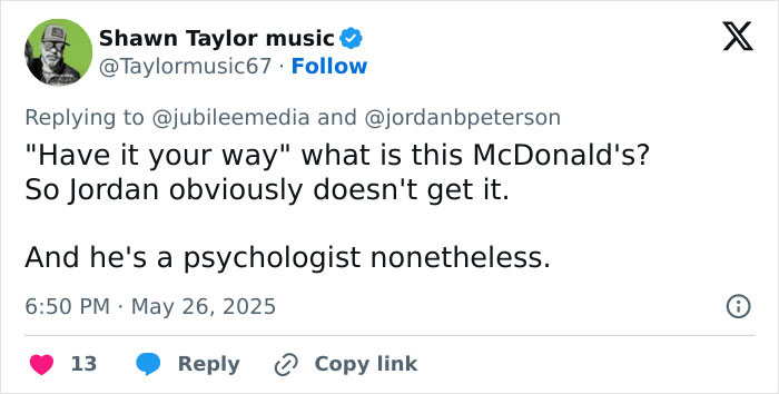 Tweet criticizing Jordan Peterson, referencing a debate with atheists and his role as a psychologist. Tweet criticizing Jordan Peterson, referencing a debate with atheists and his role as a psychologist.