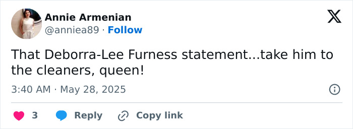 Tweet from Annie Armenian reacting to Deborra-Lee Furness breaking silence on divorce filing from Hugh Jackman. Tweet from Annie Armenian reacting to Deborra-Lee Furness breaking silence on divorce filing from Hugh Jackman.