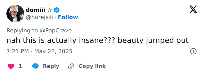Screenshot of a tweet praising Jenna Ortega's beauty, posted in response to PopCrave on May 28, 2025. Screenshot of a tweet praising Jenna Ortega's beauty, posted in response to PopCrave on May 28, 2025.