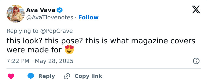 Tweet by Ava Vava praising a magazine cover look and pose, posted in May 2025 with a heart-eyes emoji. Tweet by Ava Vava praising a magazine cover look and pose, posted in May 2025 with a heart-eyes emoji.