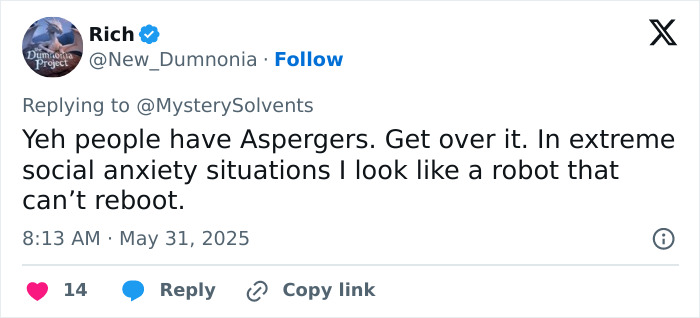 Tweet discussing Aspergers and social anxiety, referencing feelings of glitching or inability to reboot like a robot. Tweet discussing Aspergers and social anxiety, referencing feelings of glitching or inability to reboot like a robot.