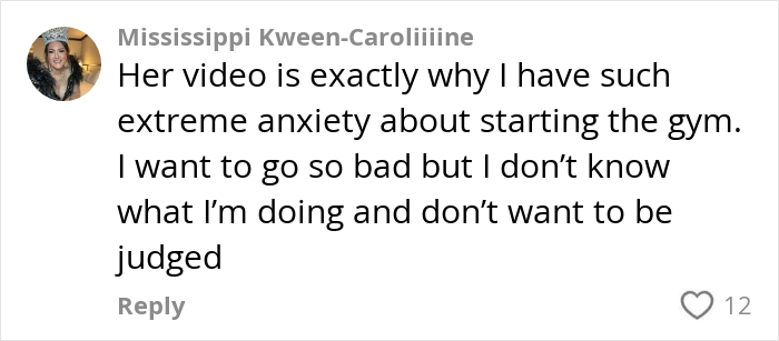 Comment expressing anxiety about starting the gym due to fear of judgment related to weight and Pilates. Comment expressing anxiety about starting the gym due to fear of judgment related to weight and Pilates.