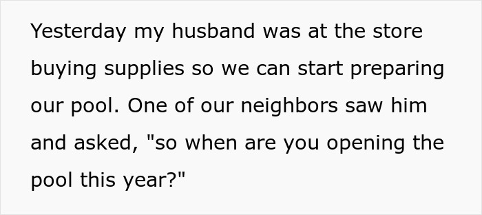 Text about preparing the pool while neighbors try sending relatives to use the pool without consent. Text about preparing the pool while neighbors try sending relatives to use the pool without consent.