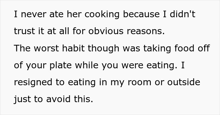 Text excerpt about roommate stealing food off plate causing frustration and eating alone to avoid it. Text excerpt about roommate stealing food off plate causing frustration and eating alone to avoid it.
