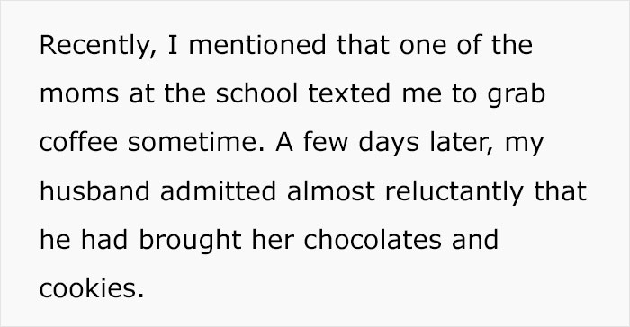 Text excerpt about a flirty dad dropping sweets to another mom at school, causing wife confusion over red flags. Text excerpt about a flirty dad dropping sweets to another mom at school, causing wife confusion over red flags.