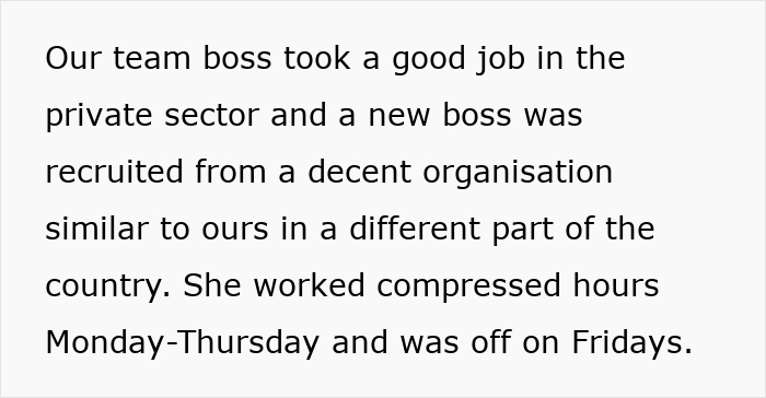 Text excerpt about a team boss change and work schedule, related to employee bullying claims and following company rules. Text excerpt about a team boss change and work schedule, related to employee bullying claims and following company rules.