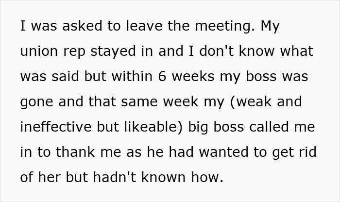Text excerpt describing a boss-employee conflict leading to the boss being removed after questions were asked. Text excerpt describing a boss-employee conflict leading to the boss being removed after questions were asked.