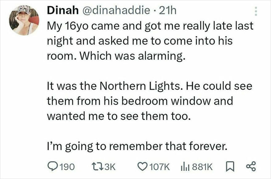 Tweet from comedian Dinah humorously describing a surprising moment with her 16-year-old about the Northern Lights.