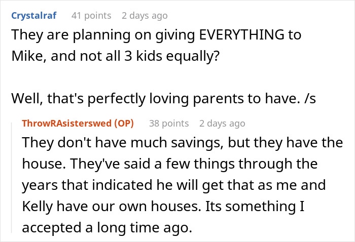 Screenshot of a Reddit discussion about parents favoring one child in inheritance, linked to couple vs bully bro wedding conflict. Screenshot of a Reddit discussion about parents favoring one child in inheritance, linked to couple vs bully bro wedding conflict.
