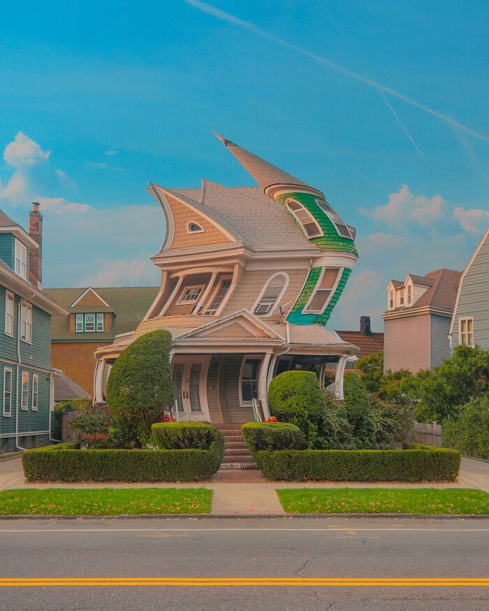 Surreal creative photo manipulation of a distorted house with warped architectural features under a bright sky.