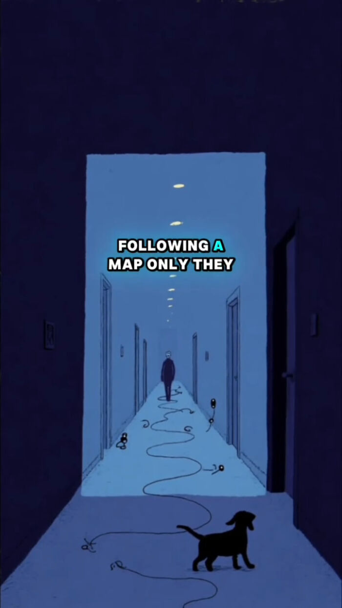 Animated scene of a dog following a tangled path in a hallway, illustrating what dogs go through after their human passes.