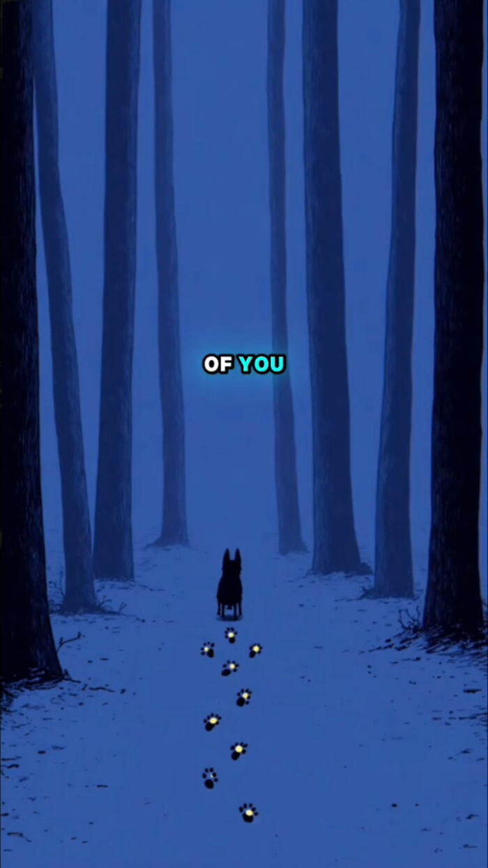 Silhouette of a dog in a dark forest with glowing paw prints, symbolizing what dogs go through after their human passes.