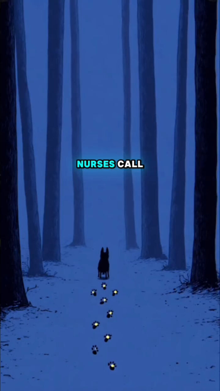 A dog walking alone in a dark forest leaving glowing paw prints, illustrating what dogs go through after their human passes.