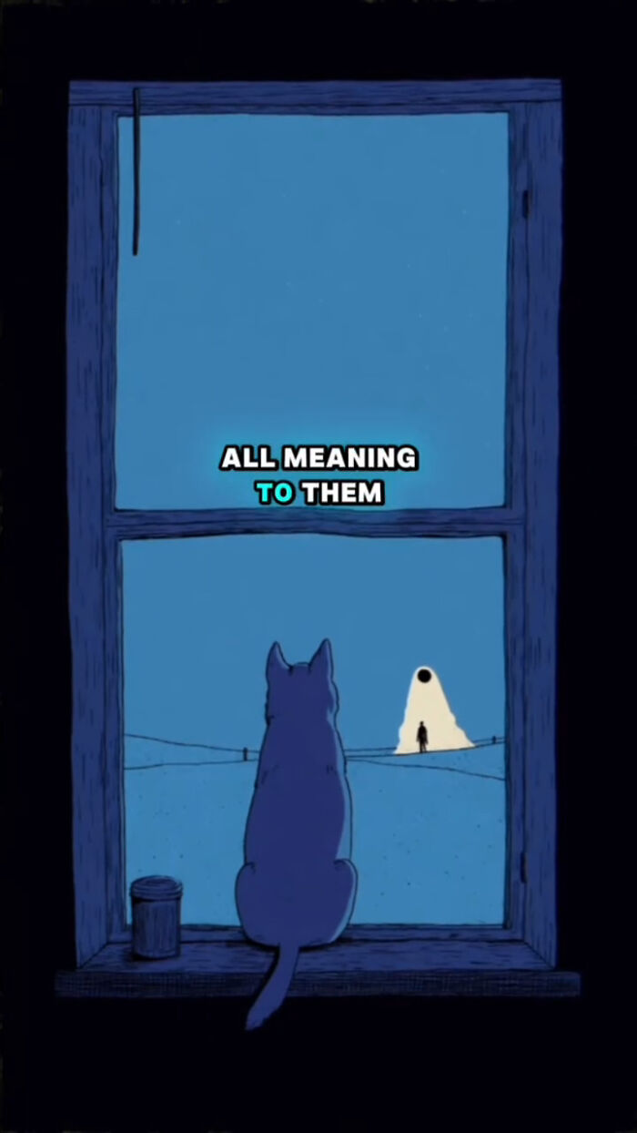 Illustration of a dog looking out a window at a human figure, representing what dogs go through after their human passes.