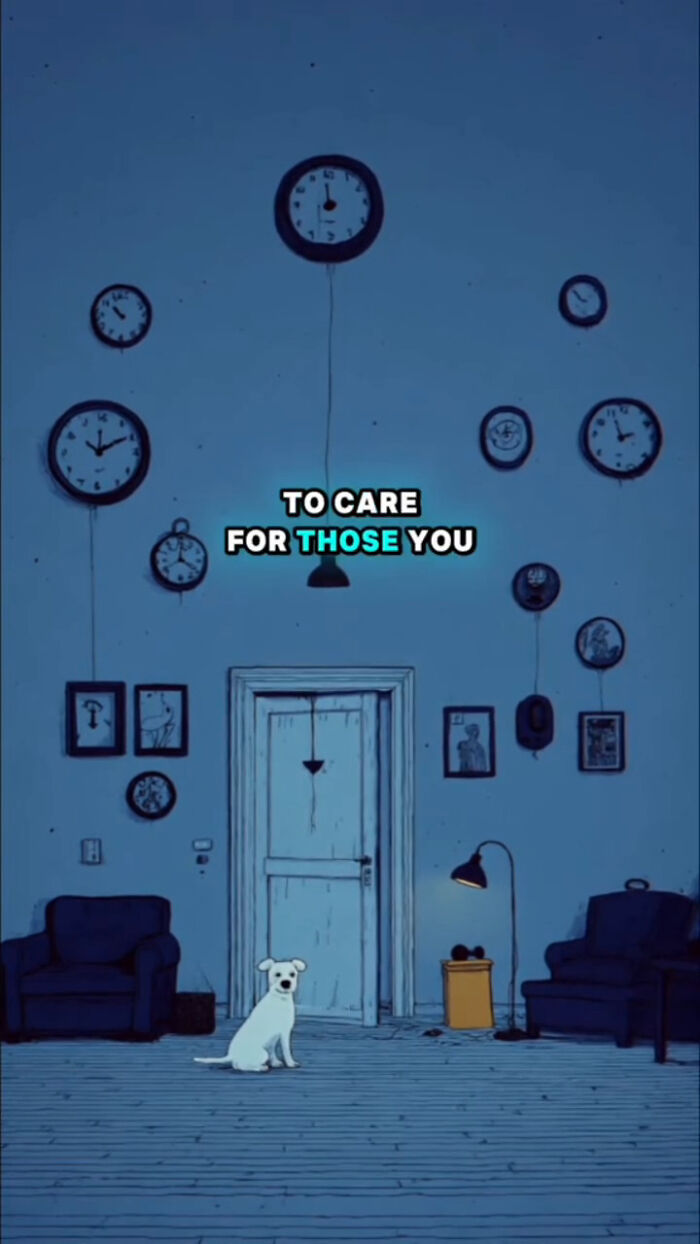 Animated white dog sitting in a blue room with clocks on the walls, illustrating what dogs go through after their human passes.