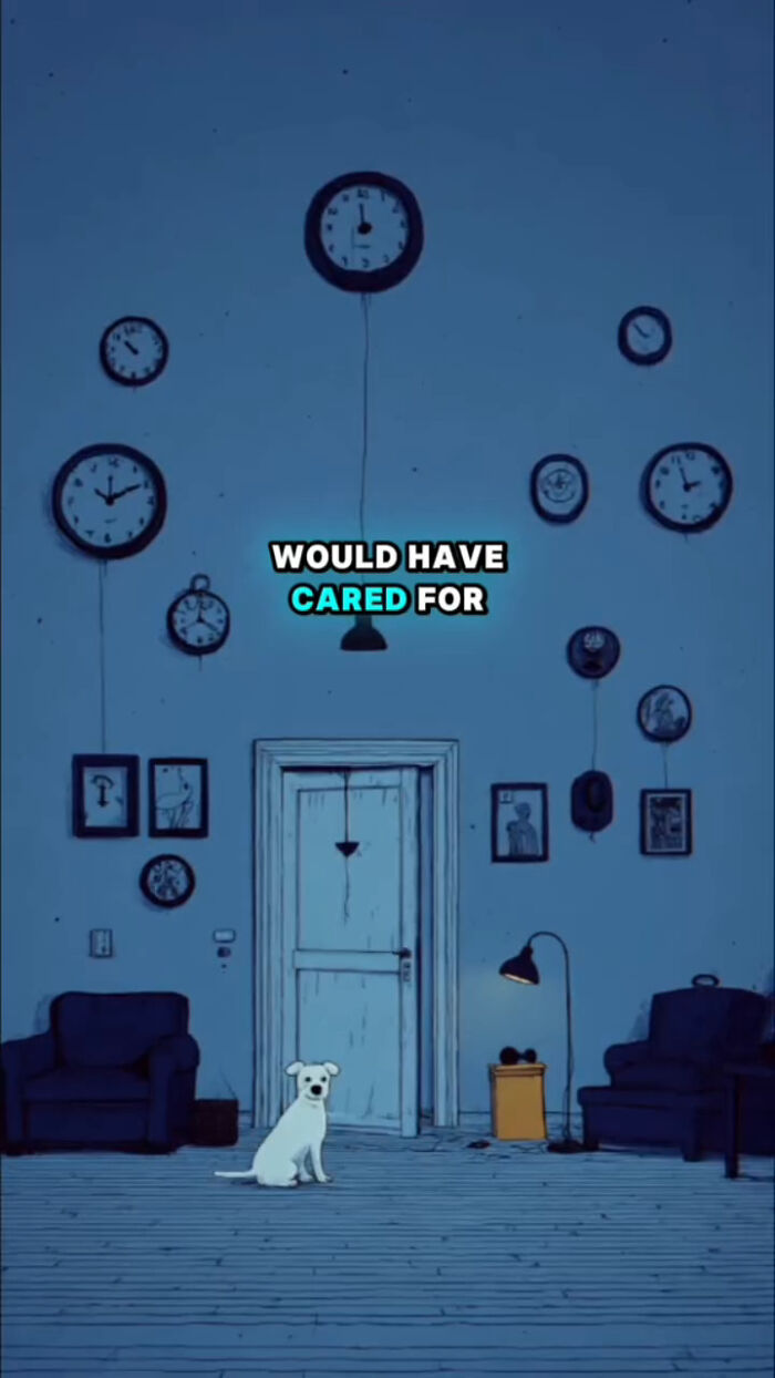 Animated dog sitting in a dim room with multiple clocks on the wall, depicting what dogs go through after their human passes.