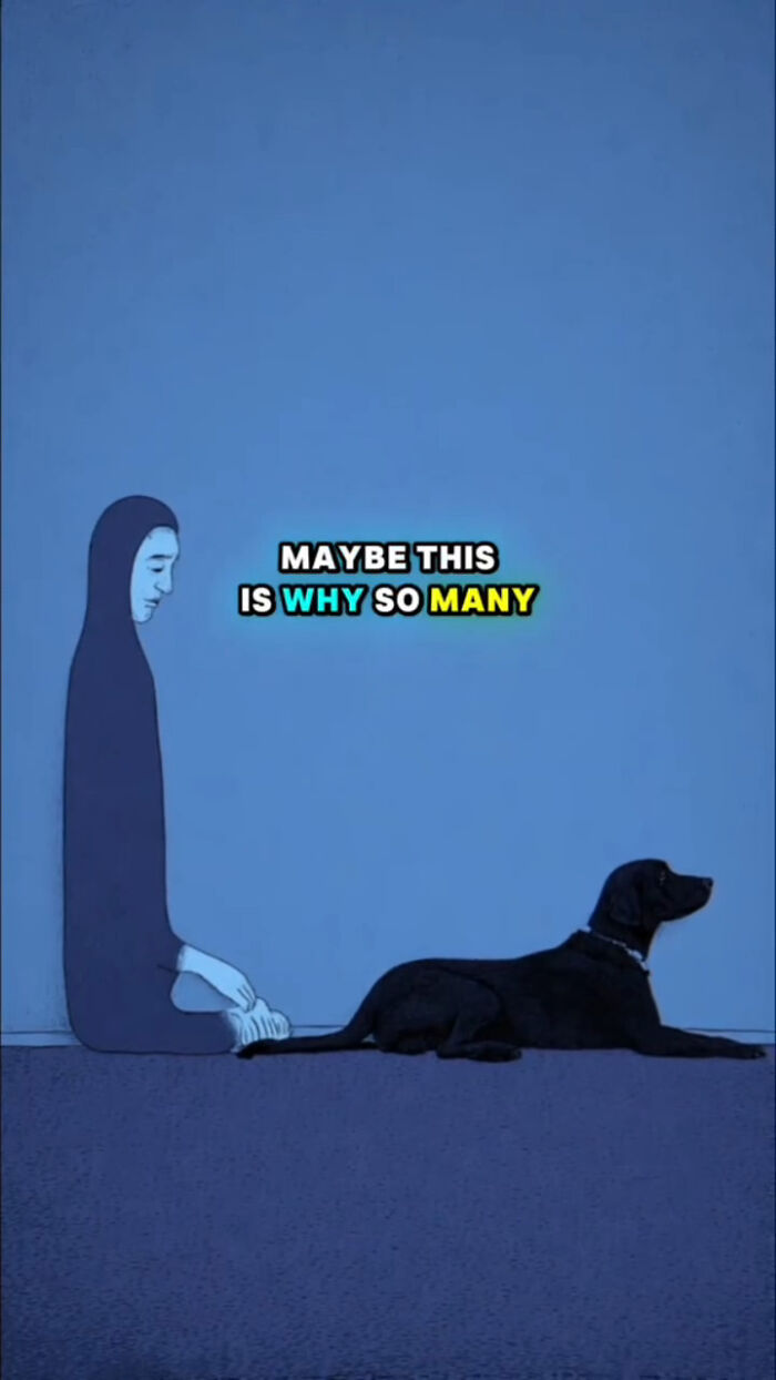 Illustration showing a person sitting quietly with a black dog, capturing what dogs go through after their human passes.