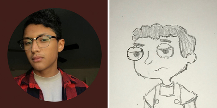 Person's profile pic hilariously transformed into a cartoon drawing with exaggerated features by an artist.