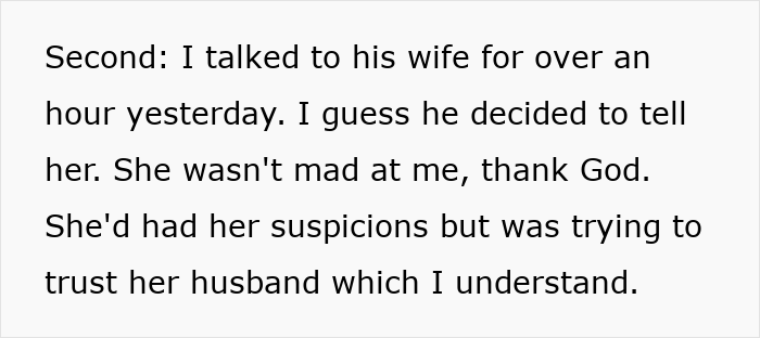Text excerpt showing a woman talking about speaking with her boyfriend’s secret wife amid suspicions before childbirth. Text excerpt showing a woman talking about speaking with her boyfriend’s secret wife amid suspicions before childbirth.