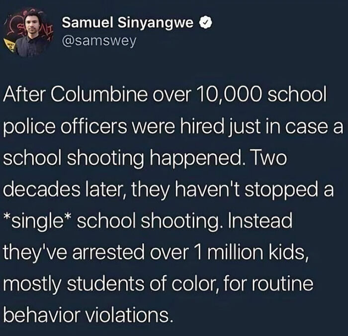 Tweet by Samuel Sinyangwe about school police officers failing to stop shootings and arresting students instead, highlighting facepalm moments.