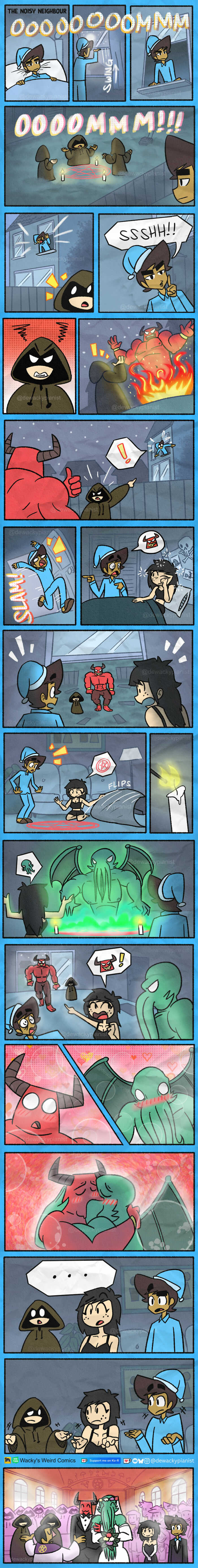 Chaotic and hilarious comic panels showing quirky characters in a supernatural and humorous neighborhood scenario.