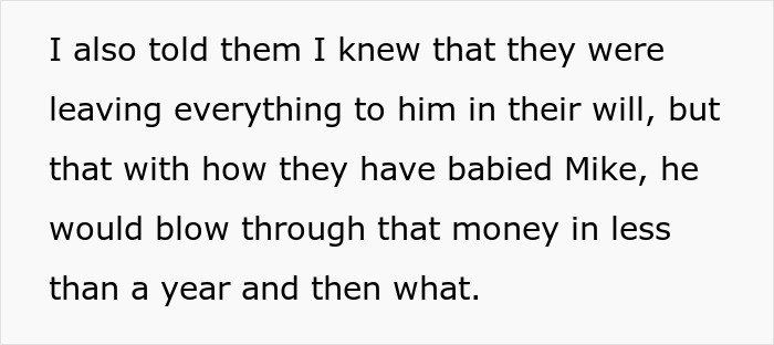 Text excerpt discussing family conflict about inheritance and concerns over financial management by Mike. Text excerpt discussing family conflict about inheritance and concerns over financial management by Mike.