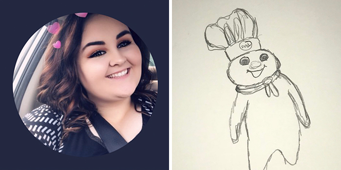 Woman's happy profile pic with funny artist makeover drawing as a playful chef character.