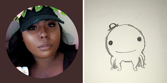 Profile pic transformation by artist: woman in cap with flower filter next to humorous drawing.
