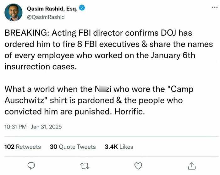 Tweet by Qasim Rashid about FBI executives firing and DOJ actions, highlighting a facepalm moment in America’s common sense.