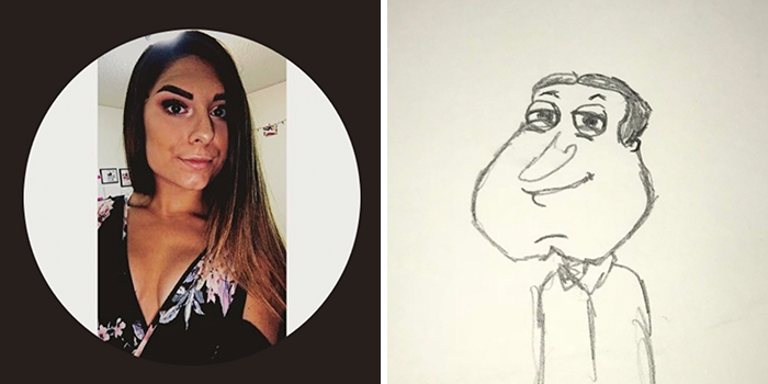 Profile picture makeover by an artist, transforming a woman’s selfie into a comical hand-drawn caricature.
