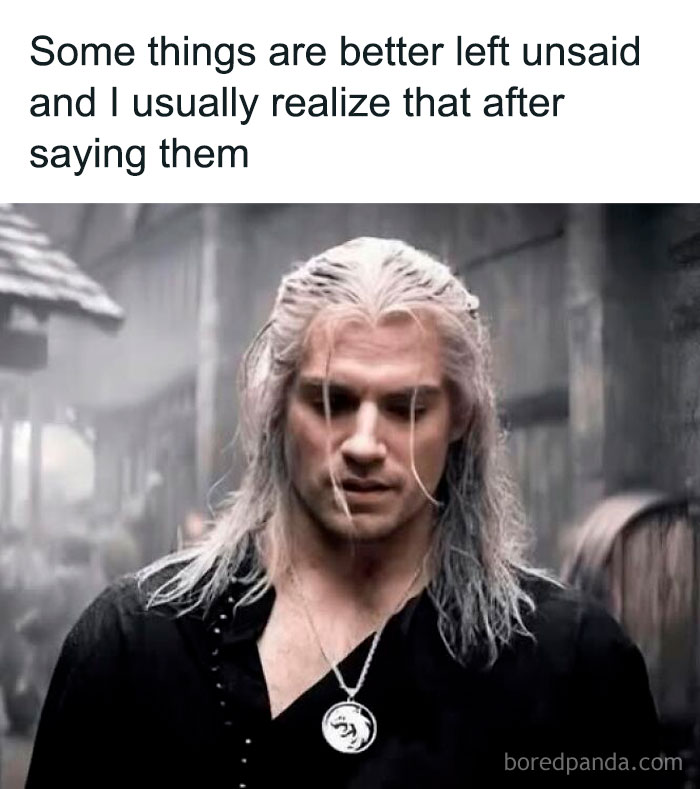 Male character with long white hair wearing a black shirt and pendant, expressing a sarcastic meme about things better left unsaid.