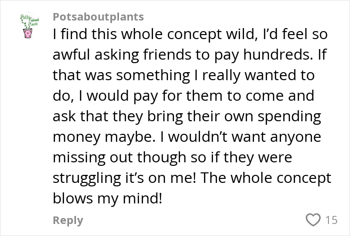 User comment discussing the challenges and opinions on paying for hen parties and the costs involved. User comment discussing the challenges and opinions on paying for hen parties and the costs involved.