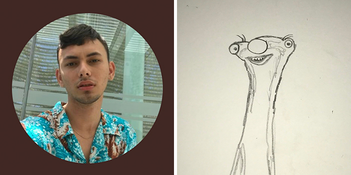 Profile pic makeover illustration of a man in a floral shirt, humorously transformed into a quirky cartoon drawing.