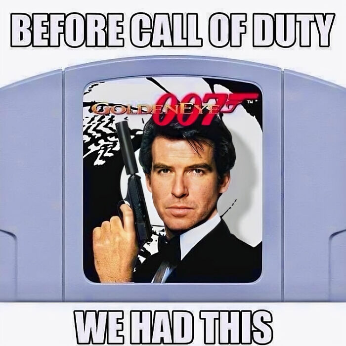 Retro GoldenEye 007 video game cartridge on a classic console, representing nostalgic gaming memories.