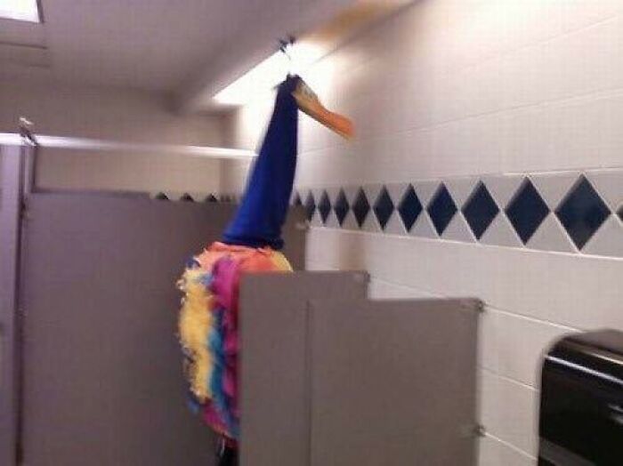 A colorful bird costume hanging upside down in a public restroom, creating a cursed and weird visual moment.