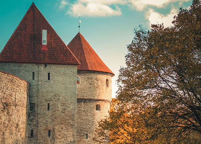 Medieval stone castle with red roofs surrounded by autumn trees, illustrating best and worst things about living in home countries.