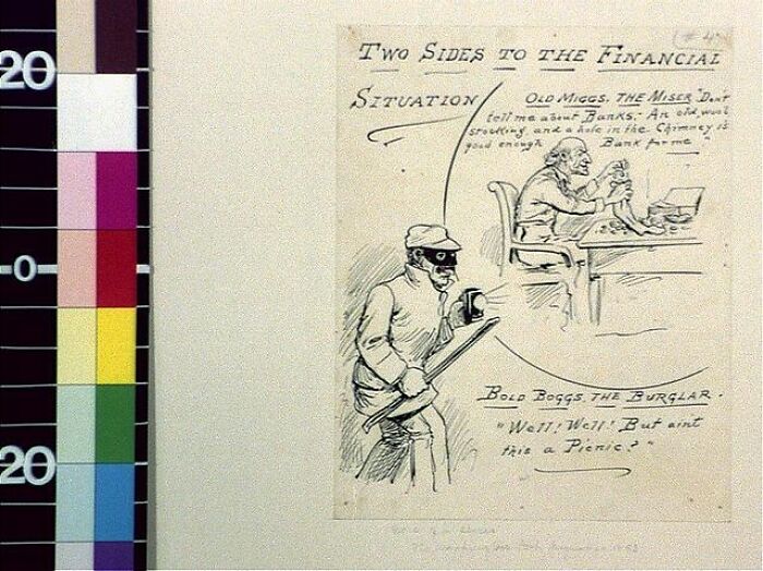 Black and white cartoon from the 1800s depicting contrasting financial situations and social commentary.
