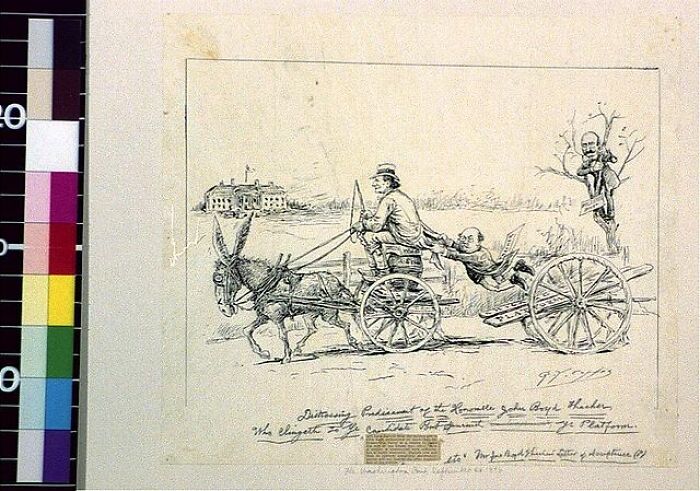 Black and white 1800s cartoon showing a man on a donkey cart with another man hanging off the side, illustrating historical change.
