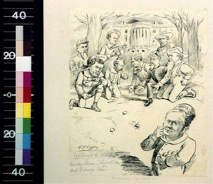 Black and white 1800s cartoon depicting men in hats gathered around playing a game, illustrating cartoons from the 1800s.