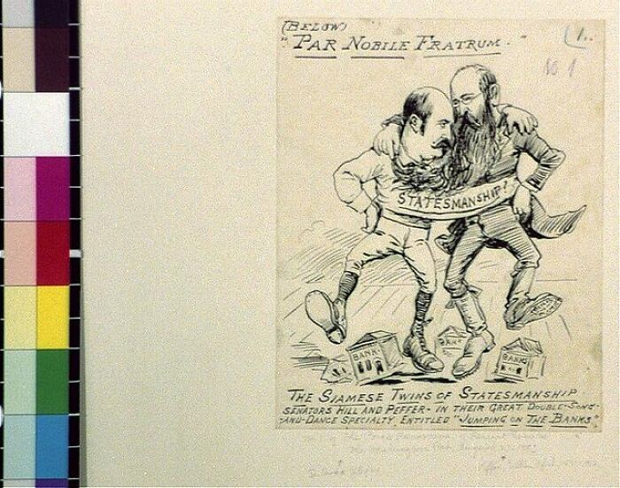 1800s cartoon depicting two politicians labeled statesmanship, humorously jumping on banks in a vintage style drawing.