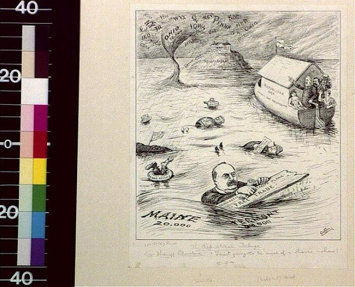 1800s cartoon showing a man struggling in water labeled with states and trade signs, reflecting how much the world has changed.