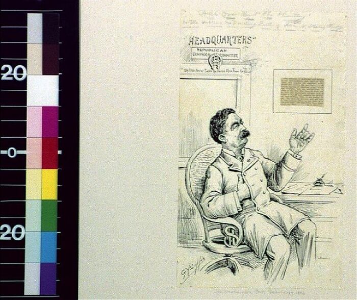 Sketch of a 19th-century cartoon showing a seated man in a suit at a political headquarters, illustrating 1800s cartoons.