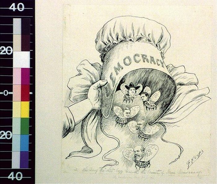 1800s cartoon illustrating democracy with a bonnet spilling out butterflies featuring politicians as main subjects.