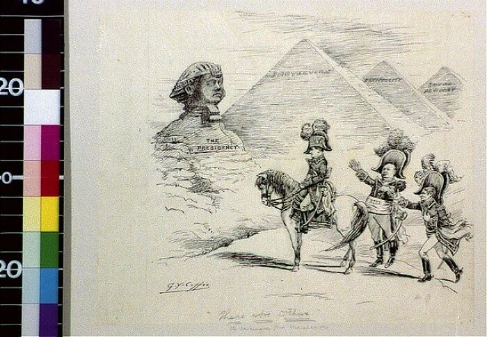 1800s cartoon depicting historical figures in front of pyramids, illustrating how much the world has changed over time.